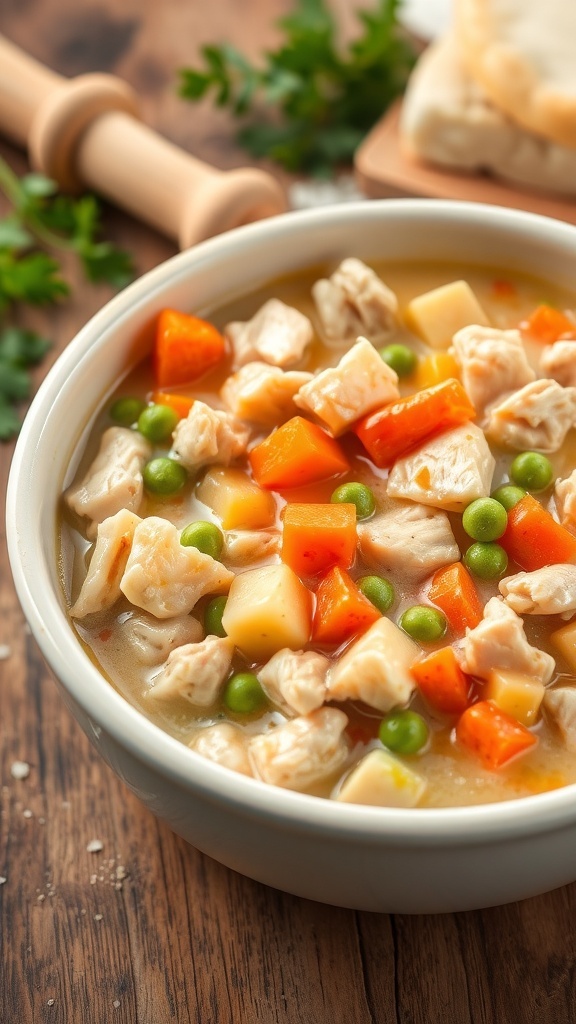 A bowl of chicken pot pie filling with chicken, carrots, peas, and creamy sauce, set in a rustic kitchen.